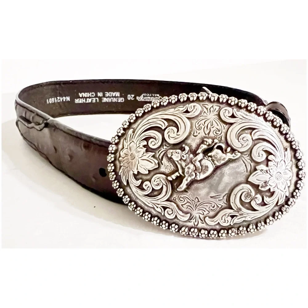 Nocona Boys Aces Buckle Western Dark Brown Belt Ornate Silver Buckle Ostrich